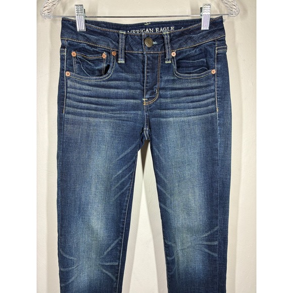 American Eagle Straight Super Stretch Jeans Womens 2 LONG Dark Wash Low Rise - Picture 2 of 10